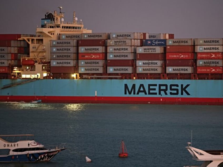 The Maersk Sentosa container ship sails southbound to exit the Suez Canal in Suez, Egypt, on Thursday, Dec. 21, 2023. A steep decline in the number of tankers entering a vital Red Sea conduit suggests that attacks on ships in the area are further disrupting a key artery of global …