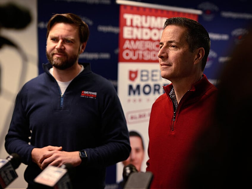 Senator JD Vance, a Republican from Ohio, left, and Bernie Moreno, US Republican Senate ca