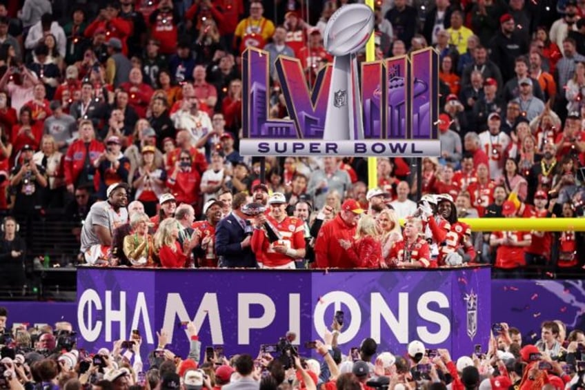 Patrick Mahomes holds aloft the Lombardi Trophy after leading the Kansas City Chiefs to an