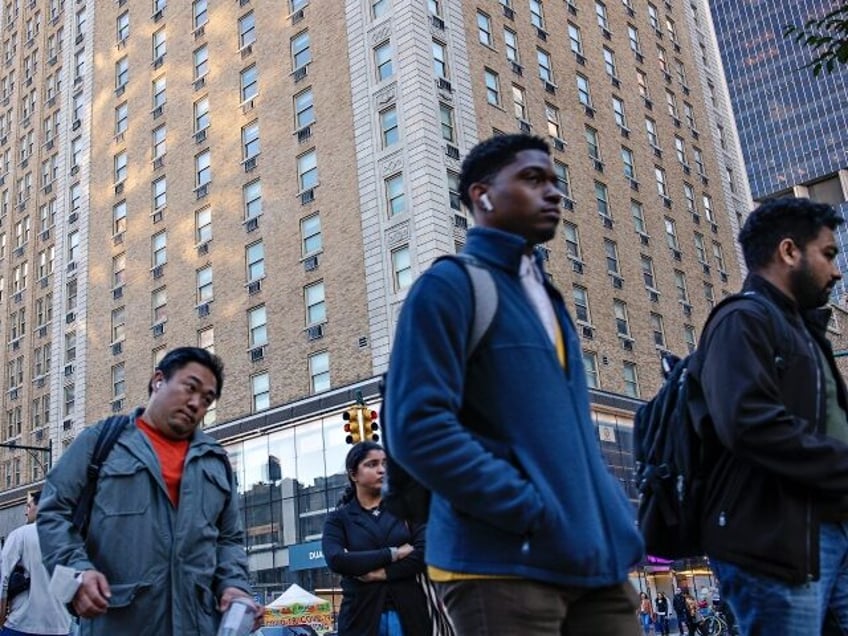 NEW YORK, NEW YORK - OCTOBER 20: A view of the Row Hotel, a midtown hotel used by New York City to house over 200 families of migrants bused to New York City from the Texas border, October 20, 2022 in New York City, New York. (Photo by Andrew Lichtenstein/Corbis …