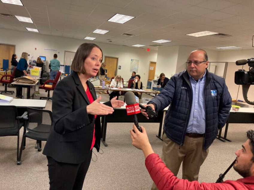 Maine Secretary of State Shenna Bellows speaks to the media while state workers conduct ranked choice tabulations for the 2nd Congressional District race on Tuesday, Nov. 15, 2022, in Augusta, Maine. Democrats held on to a swing district in Maine, as two-term U.S. Rep. Jared Golden beat back a challenge …