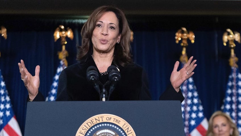 Then-Vice President Kamala Harris delivers her remarks at the Democratic National Committee's Holiday Reception at Willard Hotel in Washington, D.C., on Sunday, Dec. 15, 2024.