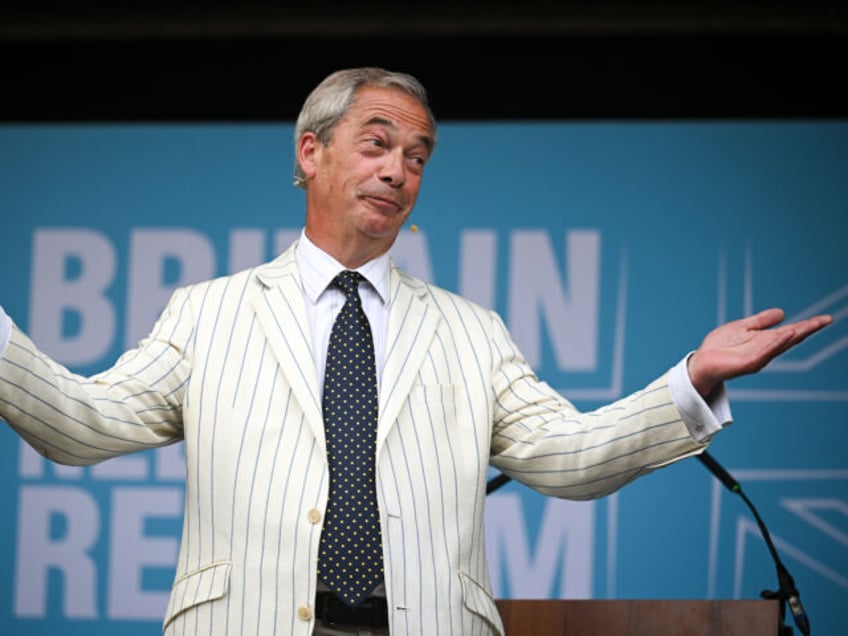 NEWTON ABBOT, ENGLAND - JUNE 24: Reform UK leader Nigel Farage speaks during an election c