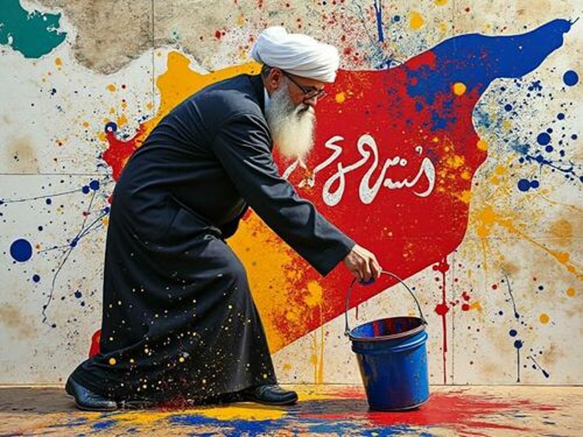 A Muslim painting a Syria map on a wall Jackson Pollack-style. 