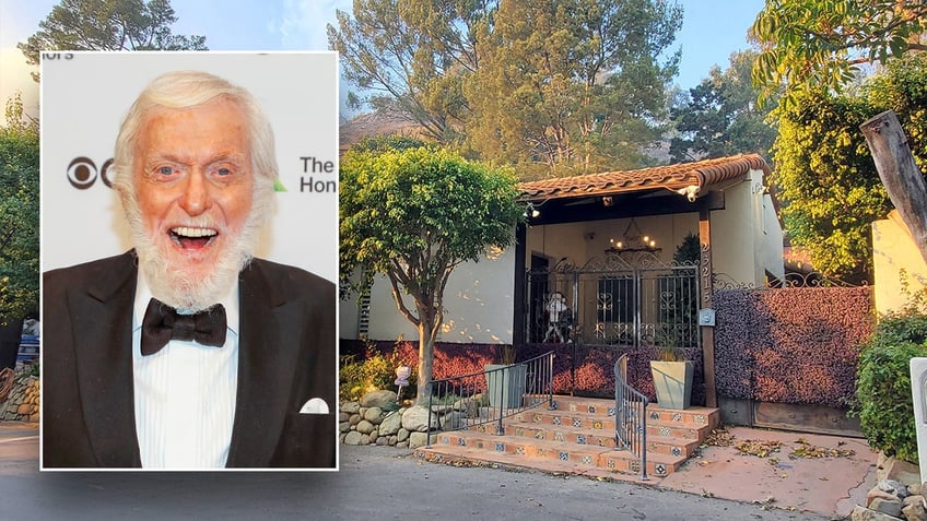 A photo of the exterior of Dick Van Dyke's Malibu home inset a photo of Dick Van Dyke smiling in a classic tuxedo on the carpet