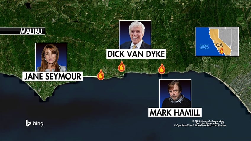 A map depicts the approximate location of Jane Seymour, Dick Van Dyke and Mark Hamill's homes as wildfires continue to tear through Southern California.