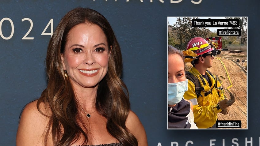 Brooke Burke smiles in a brown dress on the carpet with a black Van Cleef necklace inset a photo of Brooke wearing a blue mask standing next to a firefighter in an Instagram story