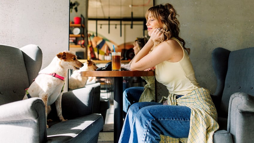 A dog sits in a chair across from a woman at a cafe.