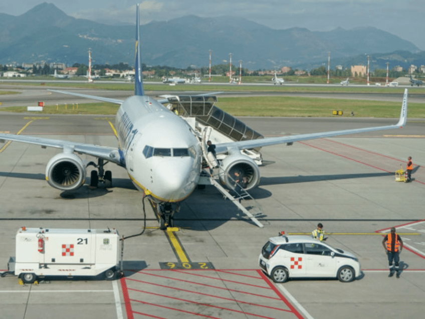 RyanAir Boeing 737-800 airplane it stands at Milan Bergamo in Milan , Italy , on 10 Octobe
