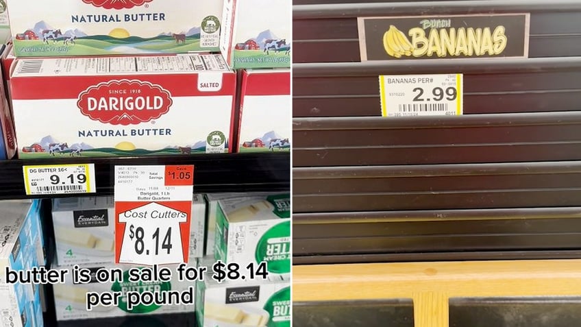 Butter is marked on sale for $8.14 per pound (left), while bananas are sold for $2.99 per pound (right) at a grocery store in Kotzebue, Alaska.