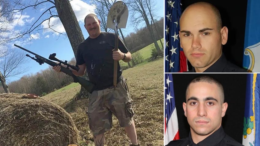 Man holds shovel and rifle near a bail of hay.