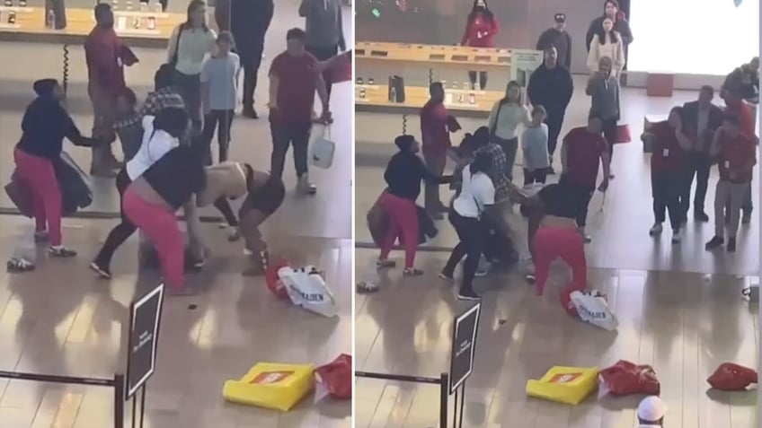 man gets whooped by enraged women with one trying to strip his pants off in black friday mall brawl