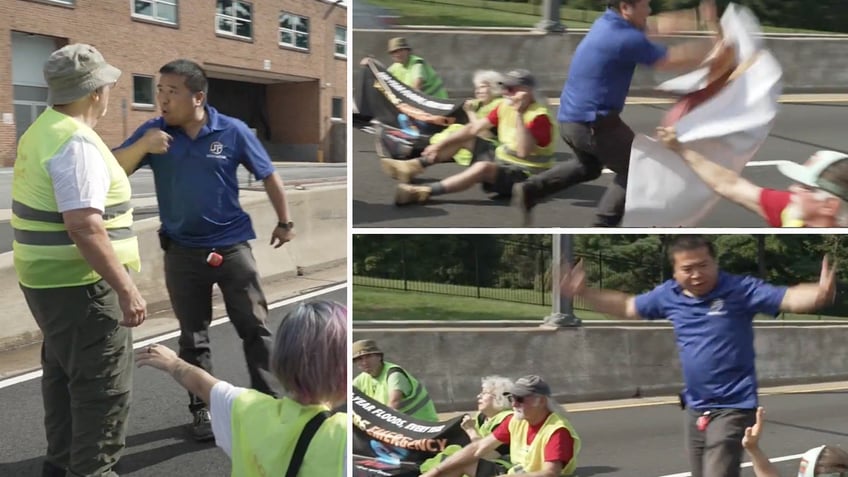 man lunges at climate activists blocking road on his way to work you motherf er