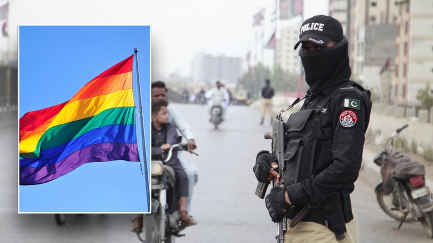 Split image of flag and Pakistan police