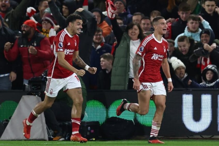 Nottingham Forest's Nicolas Dominguez (R) celebrates with Morgan Gibbs-White