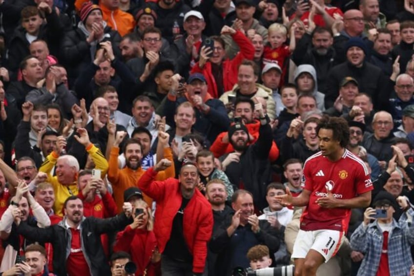 Manchester United striker Joshua Zirkzee celebrates after scoring against Everton