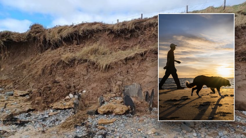 Split image of man walking on beach and strange pits