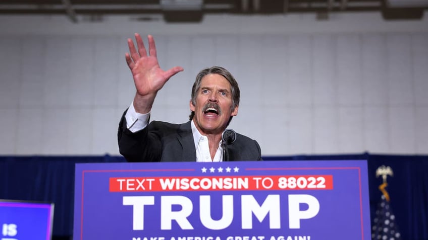 GOP Senate candidate Eric Hovde speaks during Trump rally.