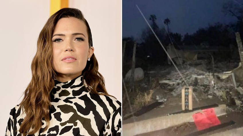 Mandy Moore photo split with her IG story of a burned home with an Amazon package