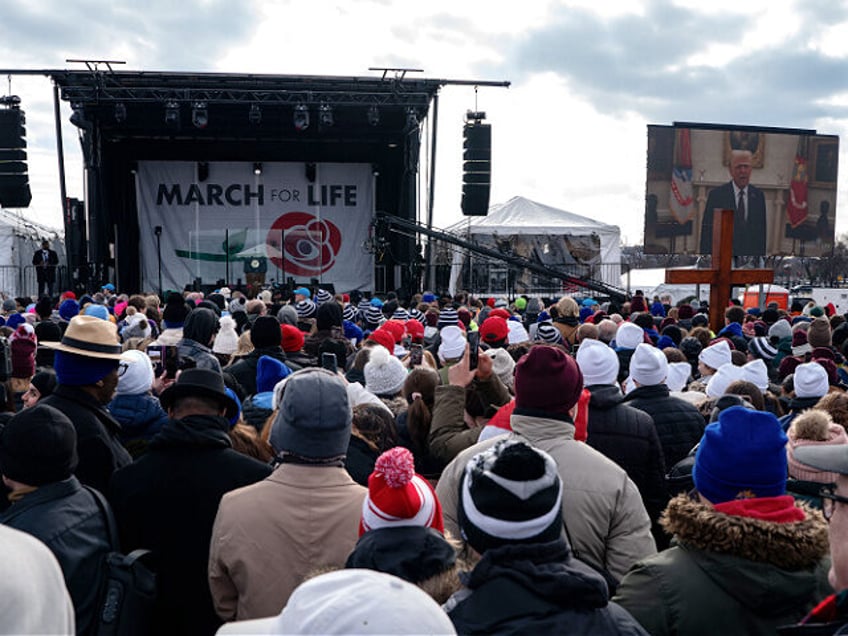 WASHINGTON, DC - JANUARY 24: People attending the annual March for Life rally watch a pre-