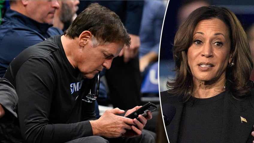 Mark Cuban on his phone and Kamala Harris looks on split image