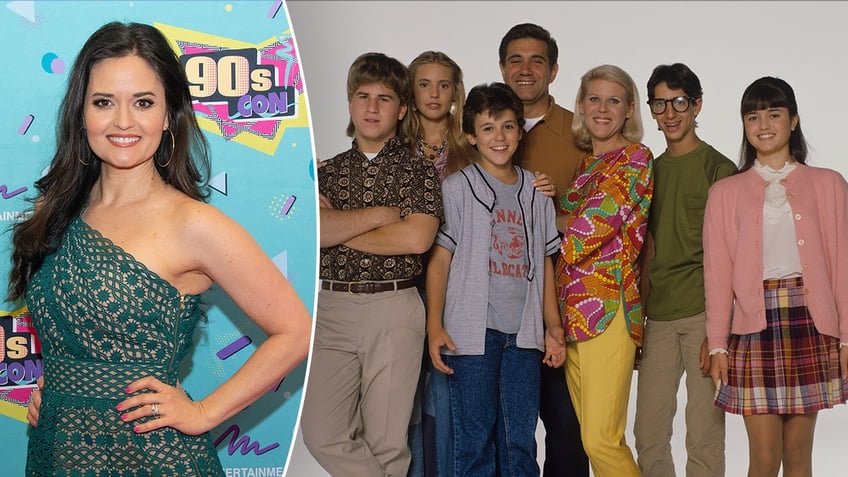 Danica McKellar posing splitscreen with a cast photo from The Wonder Years
