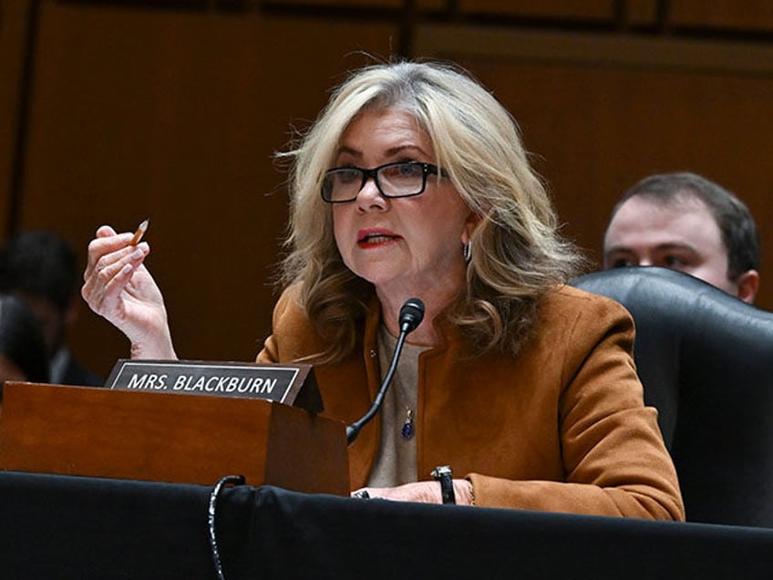 Sen. Marsha Blackburn (R-Tenn.) speaks during a Senate Judiciary Business meeting to consider an authorization for subpoenas relating to the Supreme Court ethics investigation, and the nominations of Mustafa Taher Kasubhai, to be United States District Judge for the District of Oregon, Eumi K. Lee, to be United States District …