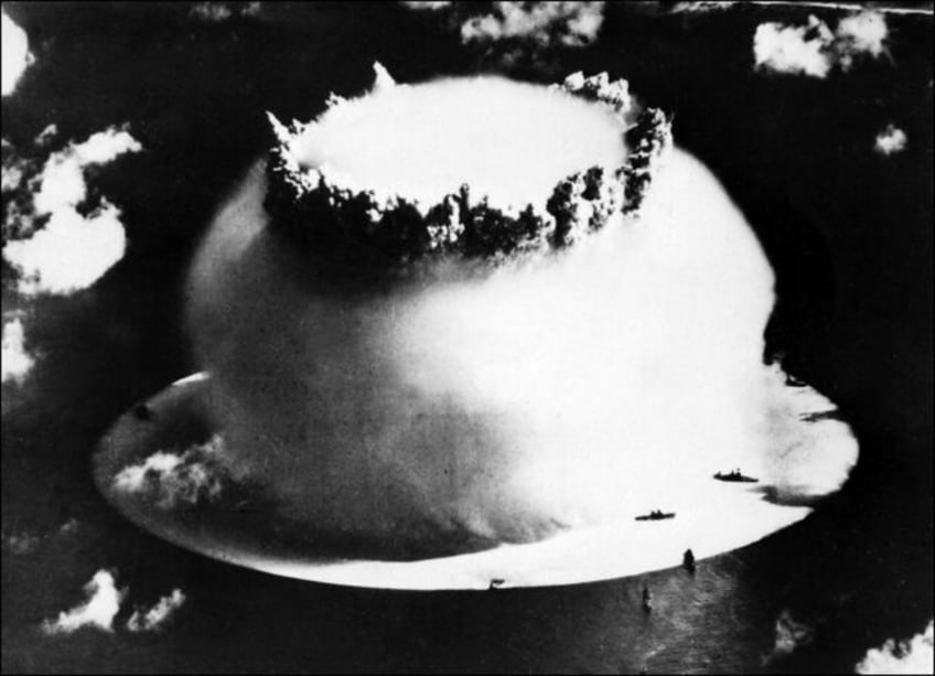 A file photo from July 1946 shows the mushroom cloud following nuclear testing on Bikini A