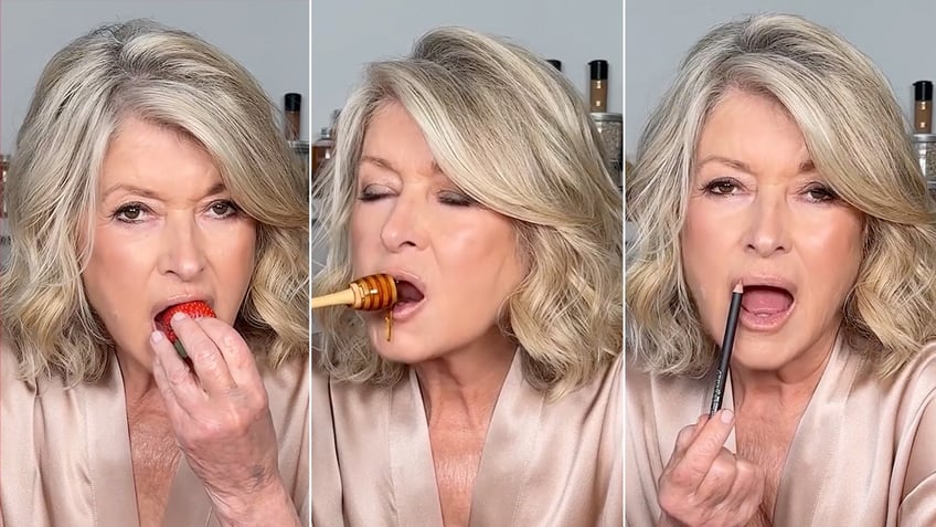 Martha Stewart in a beige silk robe bites into a strawberry, split sucks honey off a honey dripper split applies lip liner with her mouth agape