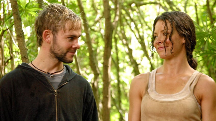 Actress Evangeline Lilly in the jungle with actor Dominic Monaghan.