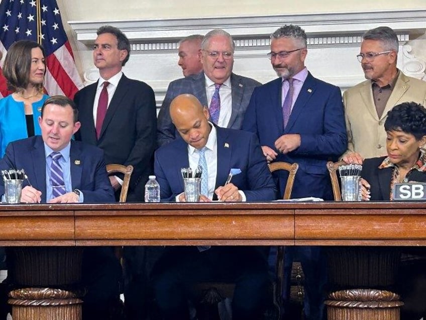 Left to right, Senate President Bill Ferguson, Gov. Wes Moore and House Speaker Adrienne A