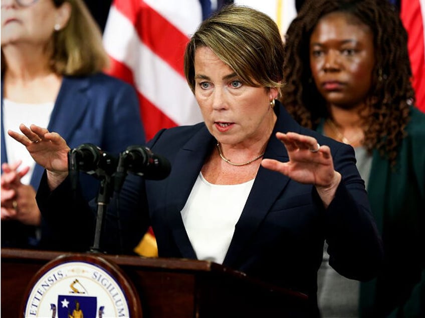 Boston, MA - August 8: Massachusetts Governor Maura Healey held a morning press conference announcing significant action related to the state's emergency shelter system. (Photo by Jonathan Wiggs/The Boston Globe via Getty Images)