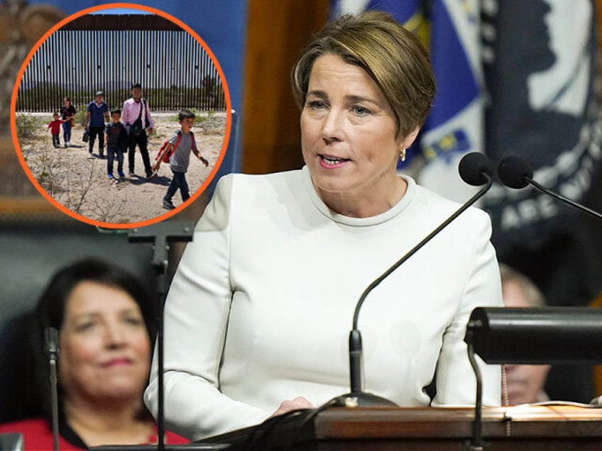 Massachusetts Gov. Maura Healey and migrants crossing U.S.-Mexico border