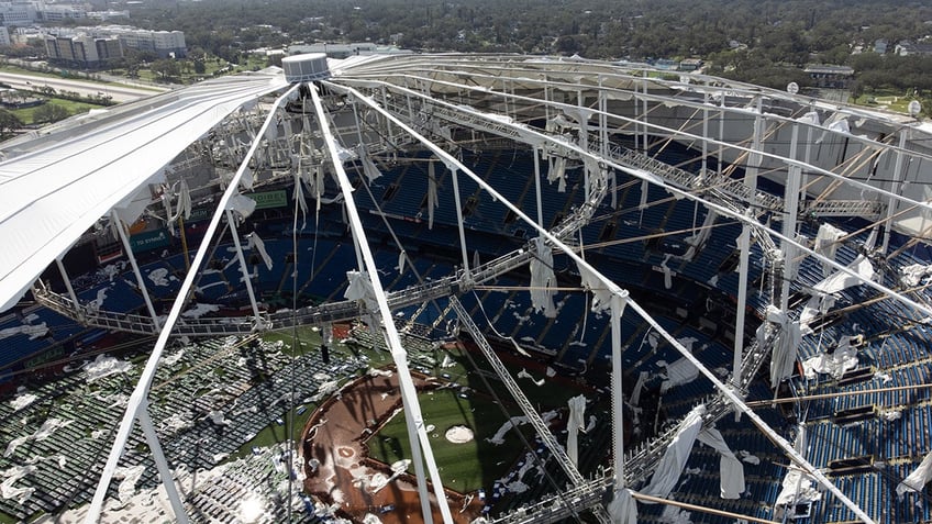 A drone image shows the dome of Tropicana Field which has been torn open due to Hurricane Milton