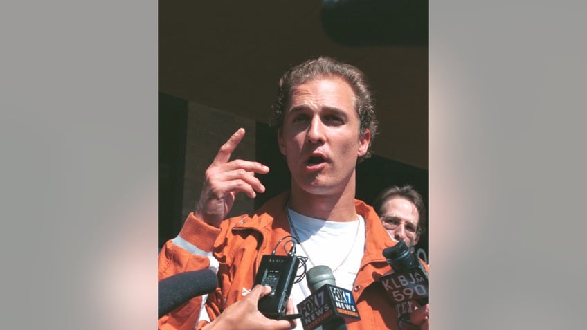 matthew mcconaughey speaking to reporters outside jail