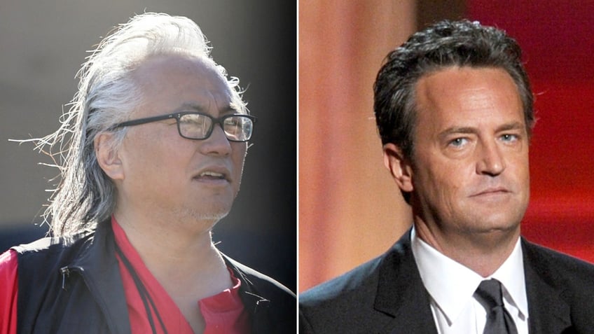 Kenneth Iwamasa wears black vest and red shirt while Matthew Perry sports black suit at awards show.