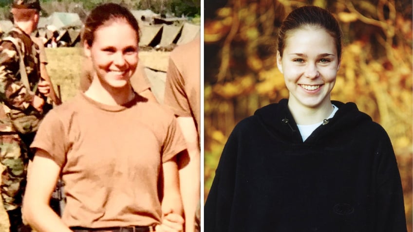 Left: Maura Murray in military workout gear at West Point in 2000. Right: Maura Murray smiling in a black sweatshirt.