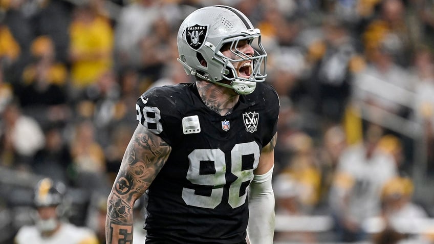 Las Vegas Raiders defensive end Maxx Crosby yells