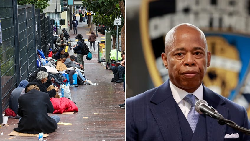 Two split collage of N.Y. Mayor Eric Adams on the right and an image of homeless on a sidewalk on the left.