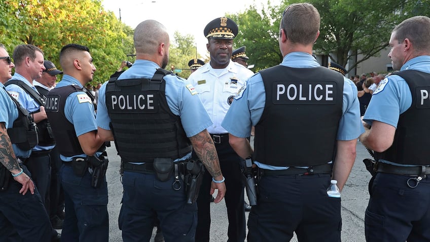 Chicago police superintendent speaking to officers