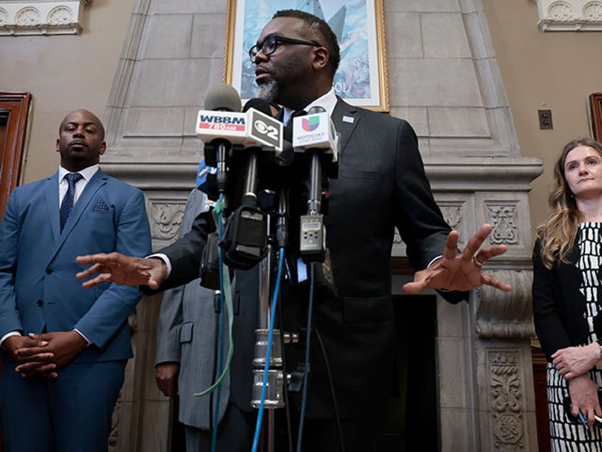 Chicago Mayor Brandon Johnson speaks following the announcement of the People's Plan