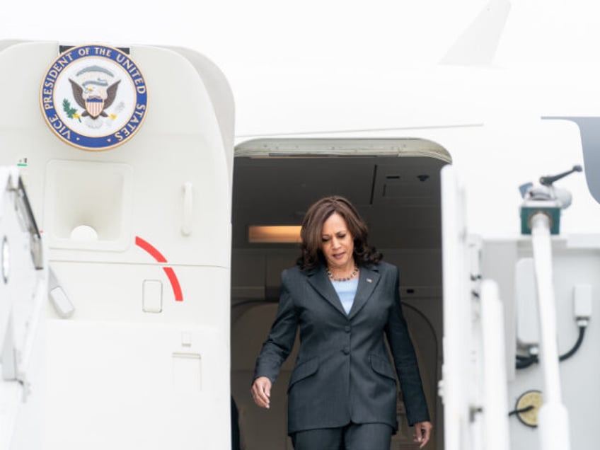 Vice President Kamala Harris disembarks Air Force Two, Monday, July 12, 2021, at Detroit M