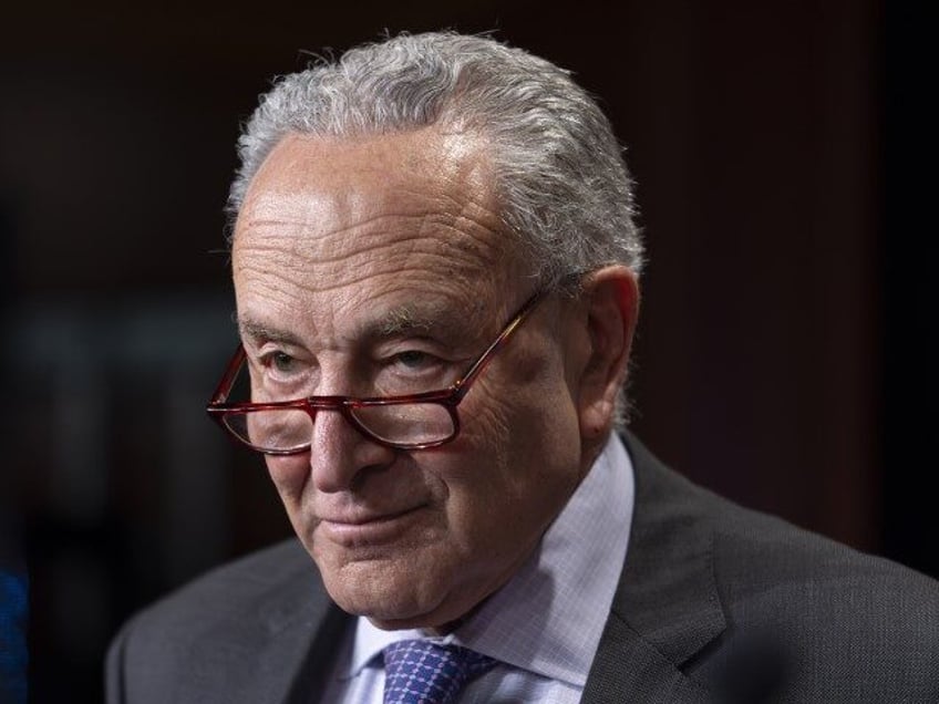 Senate Majority Leader Chuck Schumer, D-N.Y., speaks to reporters just after Senate Republ