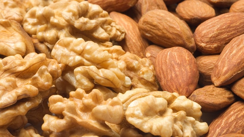 An arrangement of almonds and walnuts.