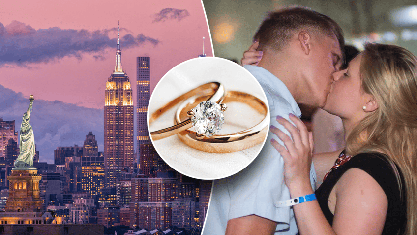 New York skyline, ring and couple