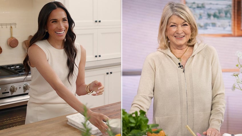 A split side-by-side image of Meghan Markle and Martha Stewart wearing beige in the kitchen.