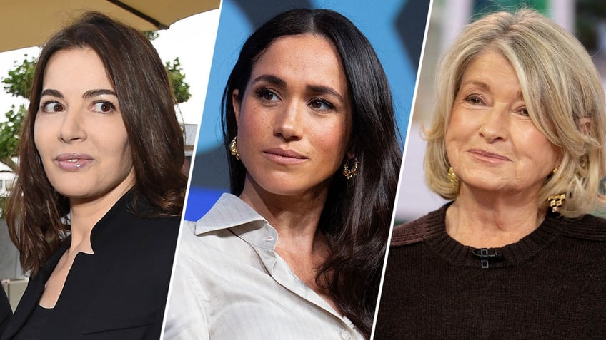 A split side-by-side image of Nigella Lawson, Meghan Markle and Martha Stewart