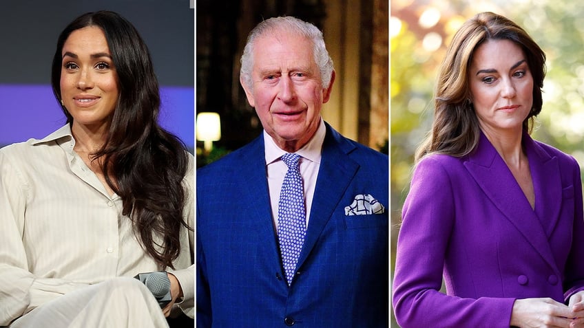 Meghan Markle, King Charles III and Kate Middleton side by side