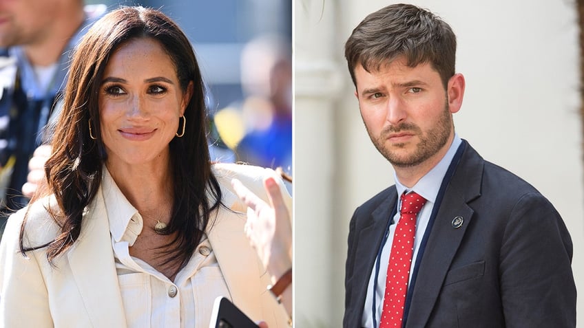 A split side-by-side photo of Meghan Markle smirking and Jason Knauf in a suit and red tie looking serious.