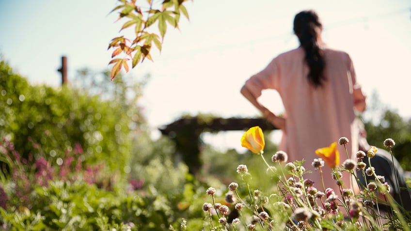 Meghan Markle looking away from the distance as there's a garden in front of her.